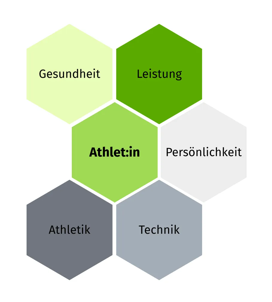 Die Grafik zeigt sechs sechseckige Felder, die wie eine Wabenstruktur angeordnet sind. In der Mitte befindet sich die Athletin oder der Athlet. Die umliegenden Felder stellen die Bereiche Gesundheit, Leistung, Persönlichkeit, Technik und Athletik dar.